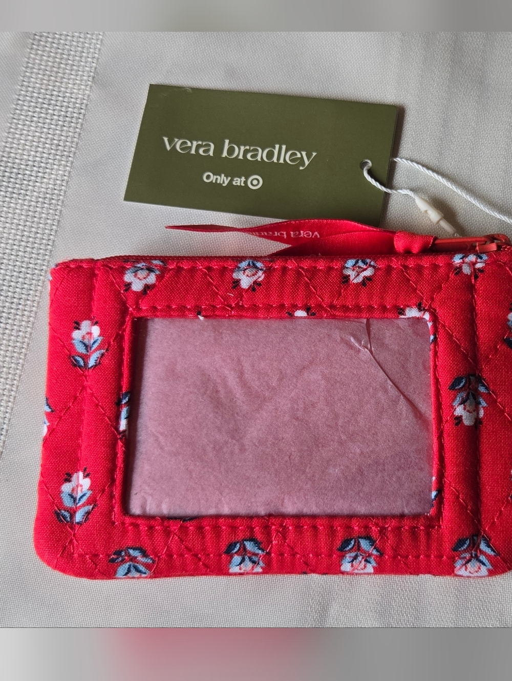 NWT Vera Bradley Red Floral Quilted ID Holder with Zip Pull